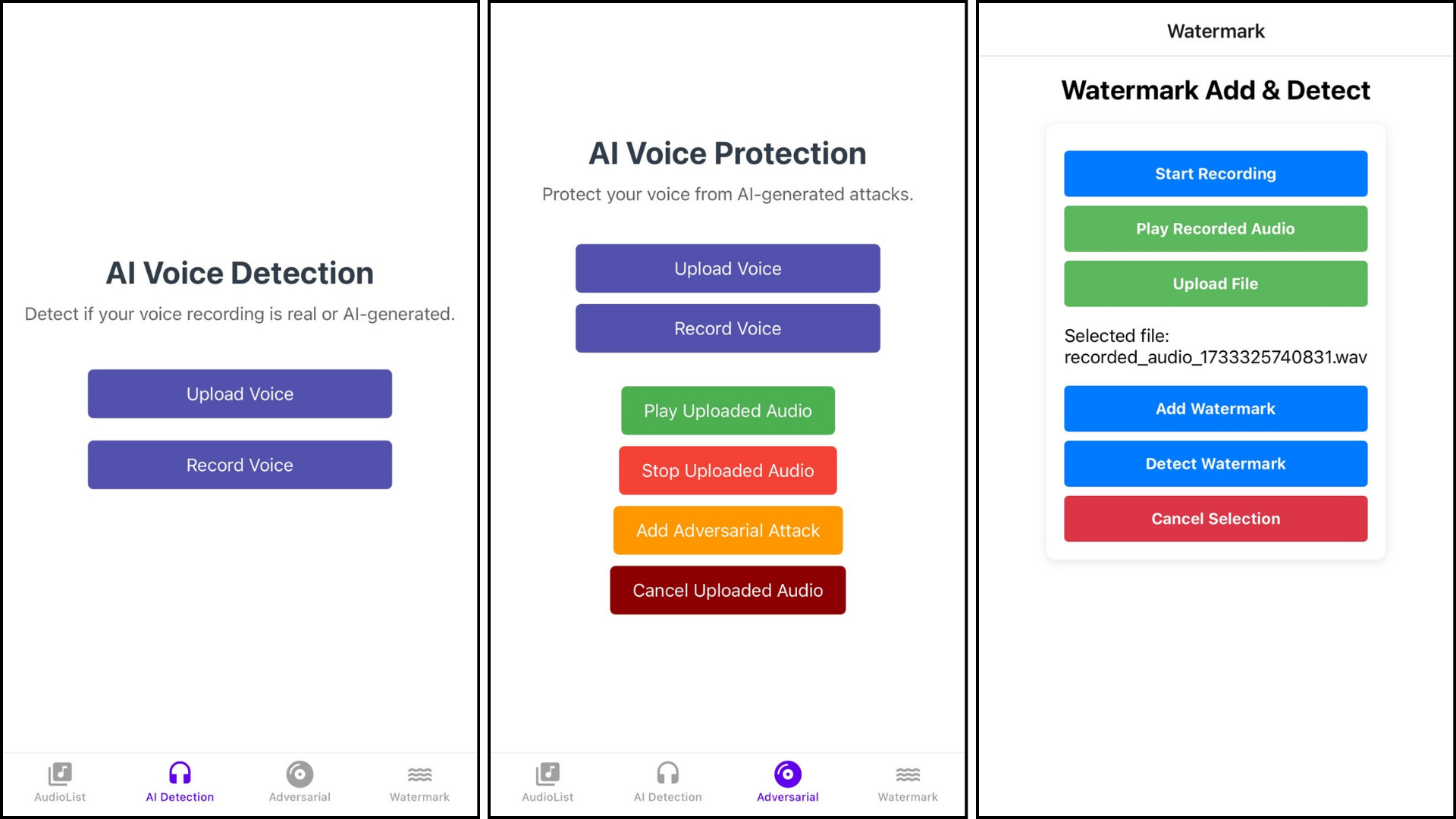 The “VoiceGuard App” offers two main features: voice authenticity verification and digital audio protection, allowing users to upload audio files for either identification or protection.