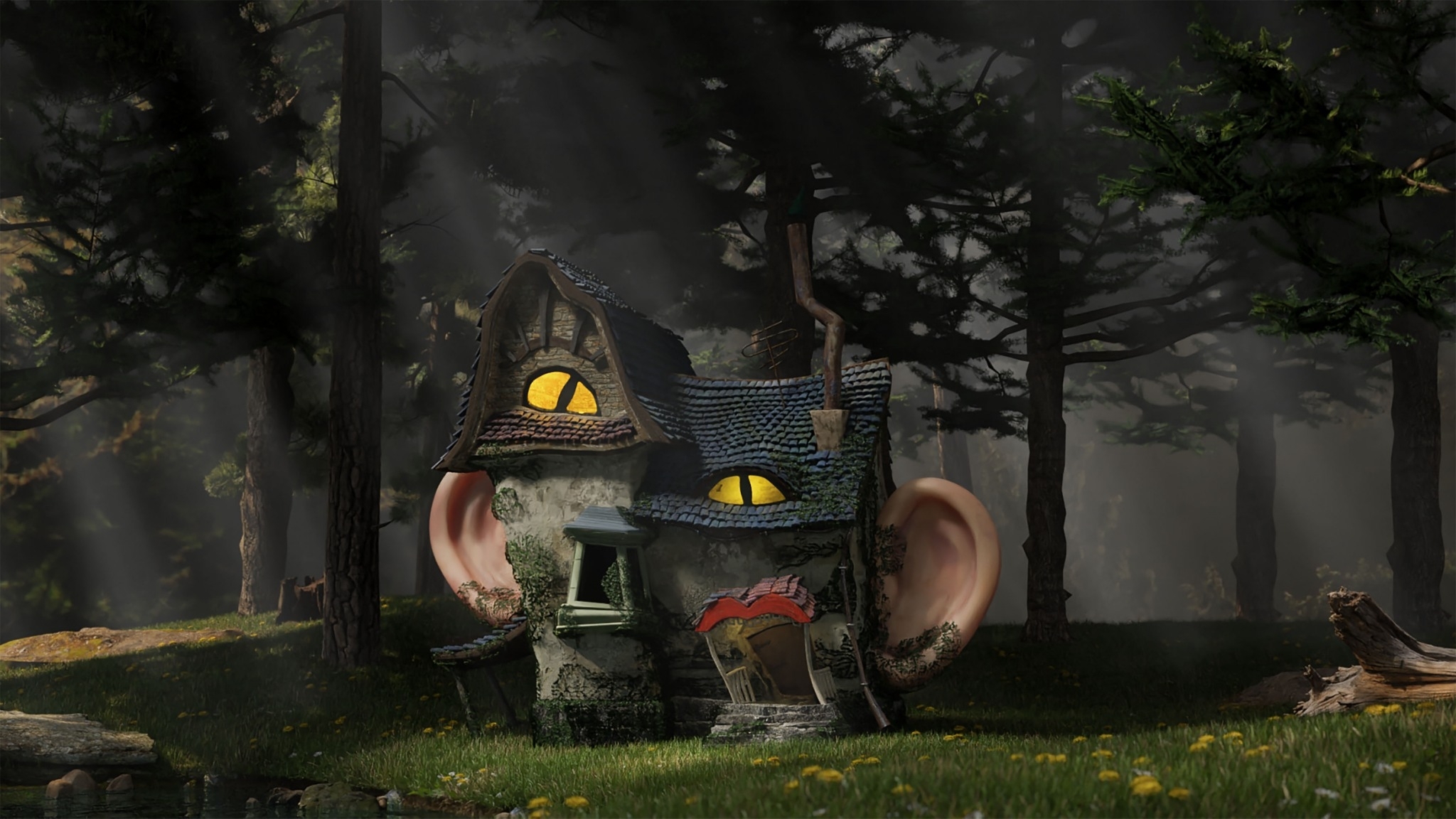 In the work, the young boy resides in a magical house with big ears.