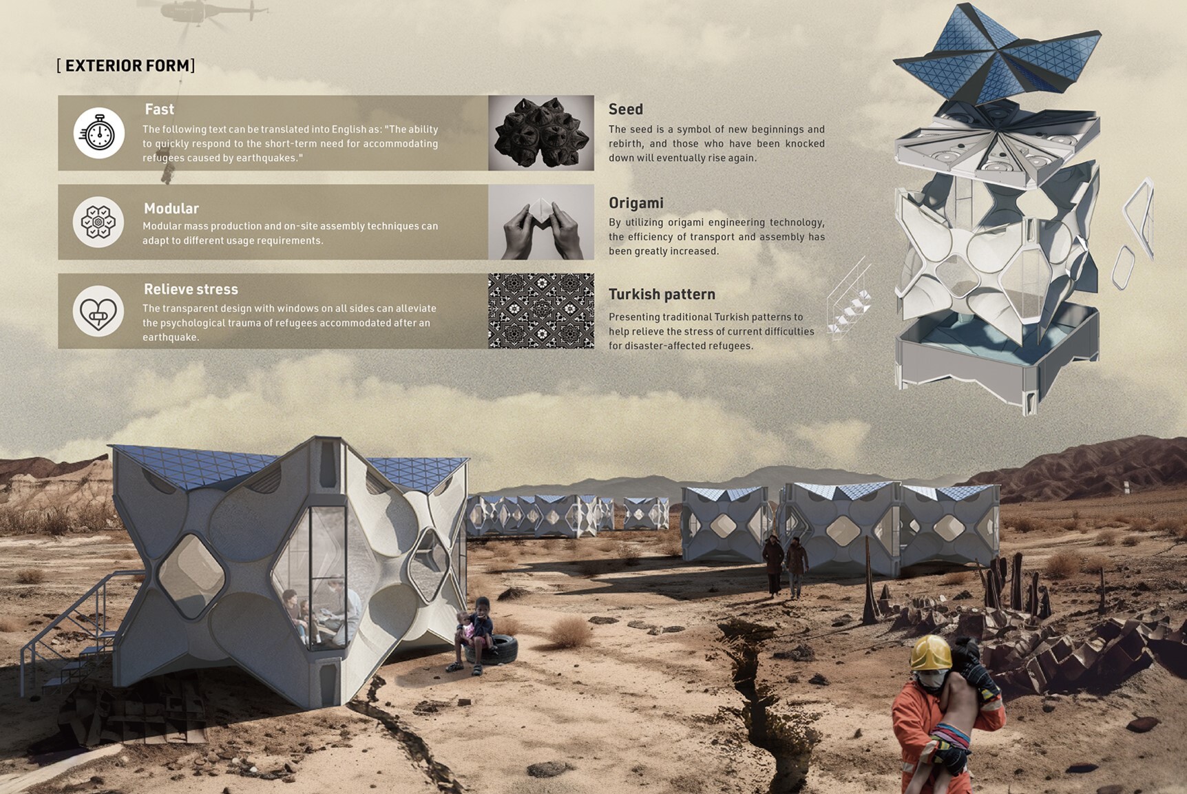 Jia-Wei Lin’s Modular Shelter Rebirth SeedPod uses origami techniques to minimize the size for efficient transport and quick assembly, providing rapid relief for disaster victims.