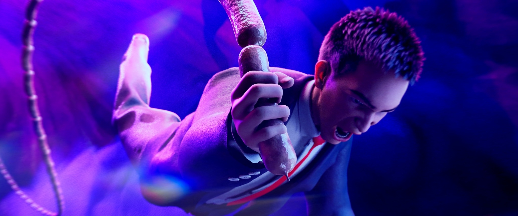 The scene where the beginning of the sausage is about to meet its end.