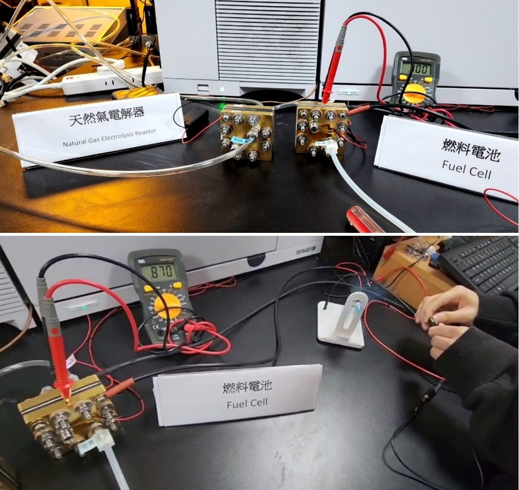 A research team led by Professor Chen-Hao Wang from the Department of Materials Science and Engineering at Taiwan Tech has developed a non-precious metal catalyst-based natural gas electrolyzer that decomposes methane to produce high-purity hydrogen and solid carbon. The hydrogen generated through electrolysis can be supplied to a fuel cell to generate 0.87 volts of electricity, which can then power a rotating fan.