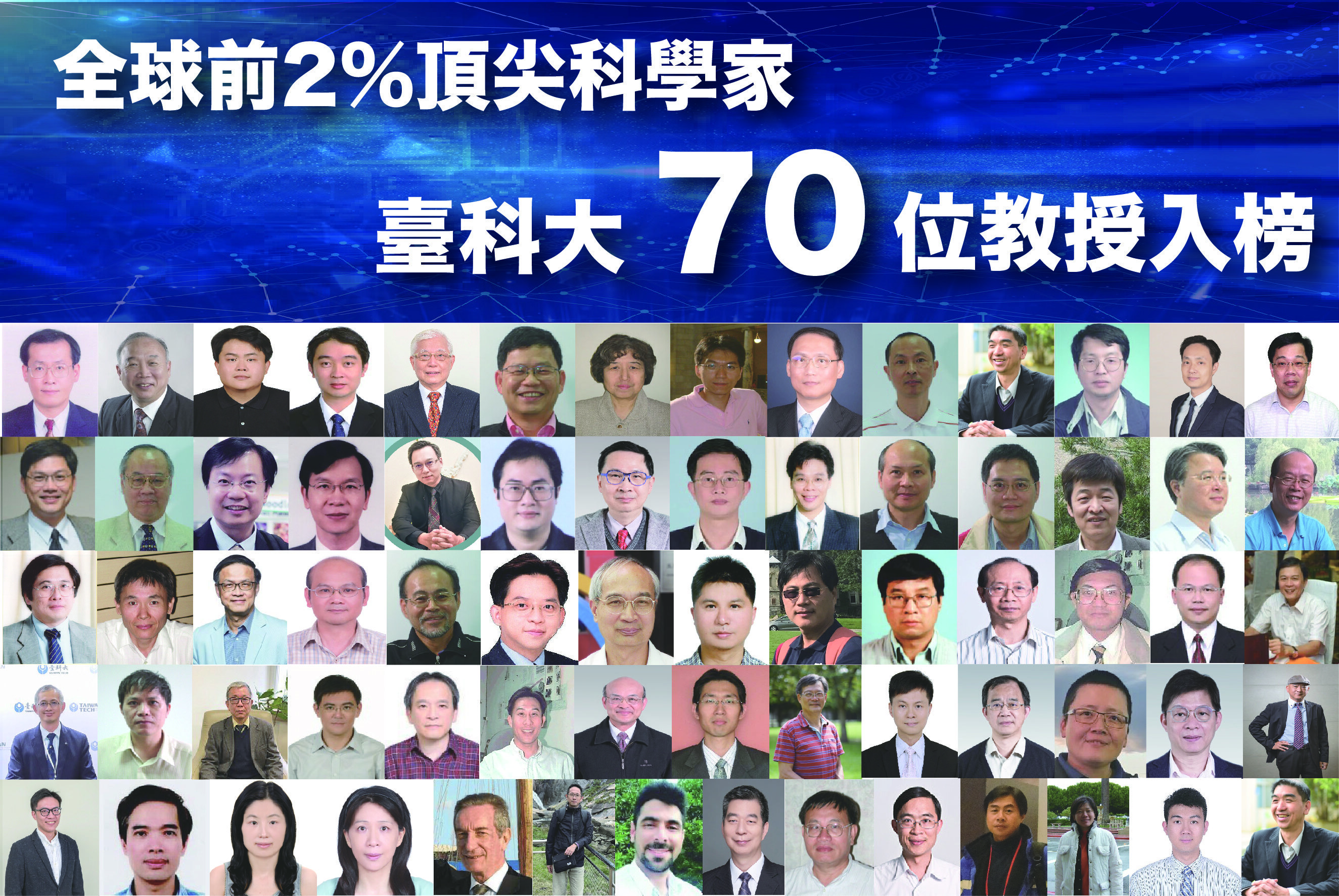 A total of 70 professors from Taiwan Tech have been selected as the top 2% of scientists globally, leading the nation in the fields of chemical engineering, construction, and AI image processing.