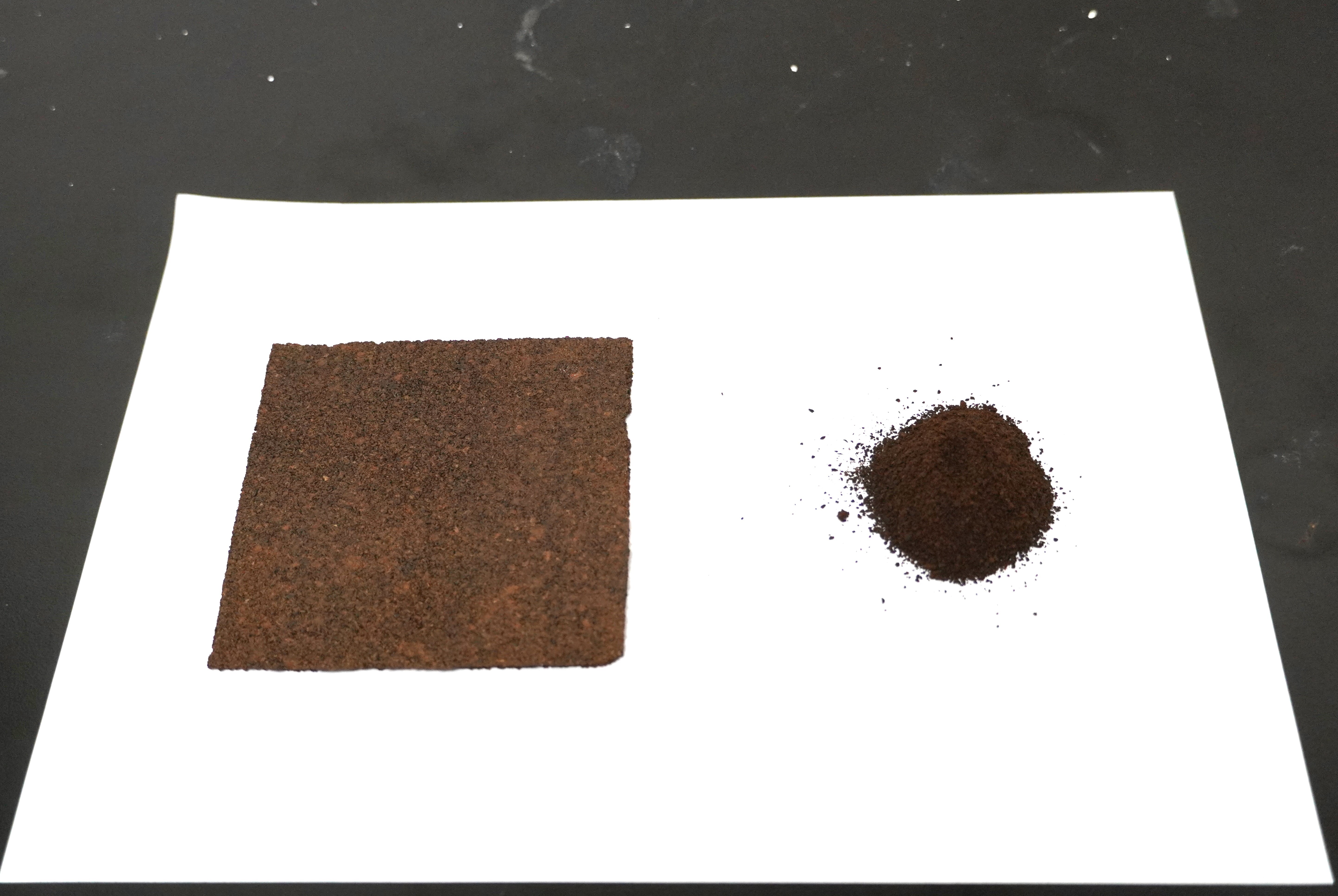 Approximately 30 grams of coffee grounds (right) can be transformed into eco-friendly soundproofing material (left), demonstrating the potential for upcycling waste.