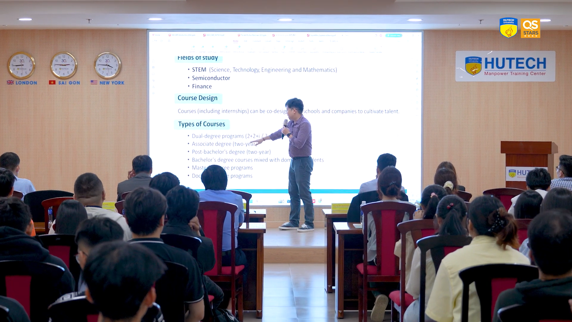 Professor De-Sheng Wu, co-lead of the Taiwan–Vietnam Hub INTENSE Program, introduced the New Program’s dual-degree and industry–academia collaboration courses at Ho Chi Minh City University of Technology (HUTECH), offering students diverse career development pathways.